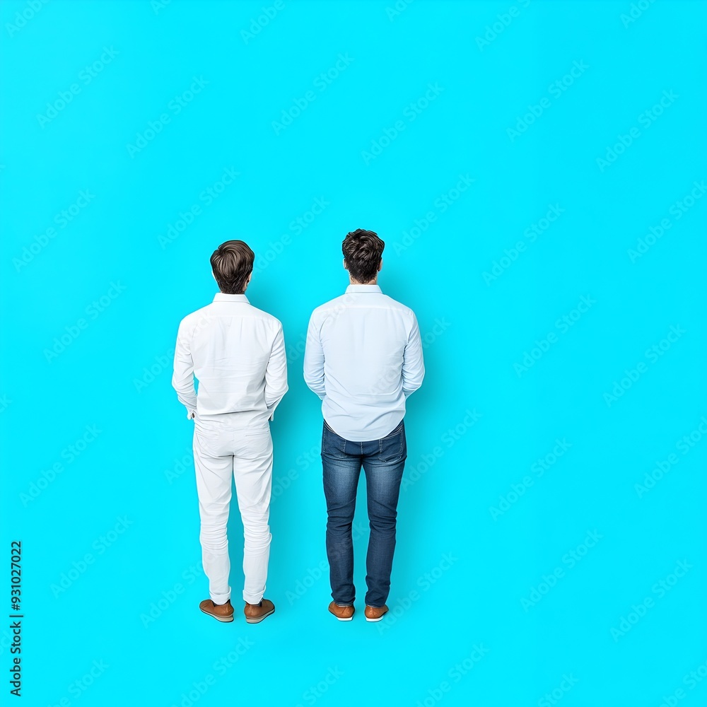 Full Body Back View of Two Designers Discussing Something Isolated on Turquoise Blue Background Full Body Back View of Two Designers Discussing Something Isolated on Turquoise Blue Background