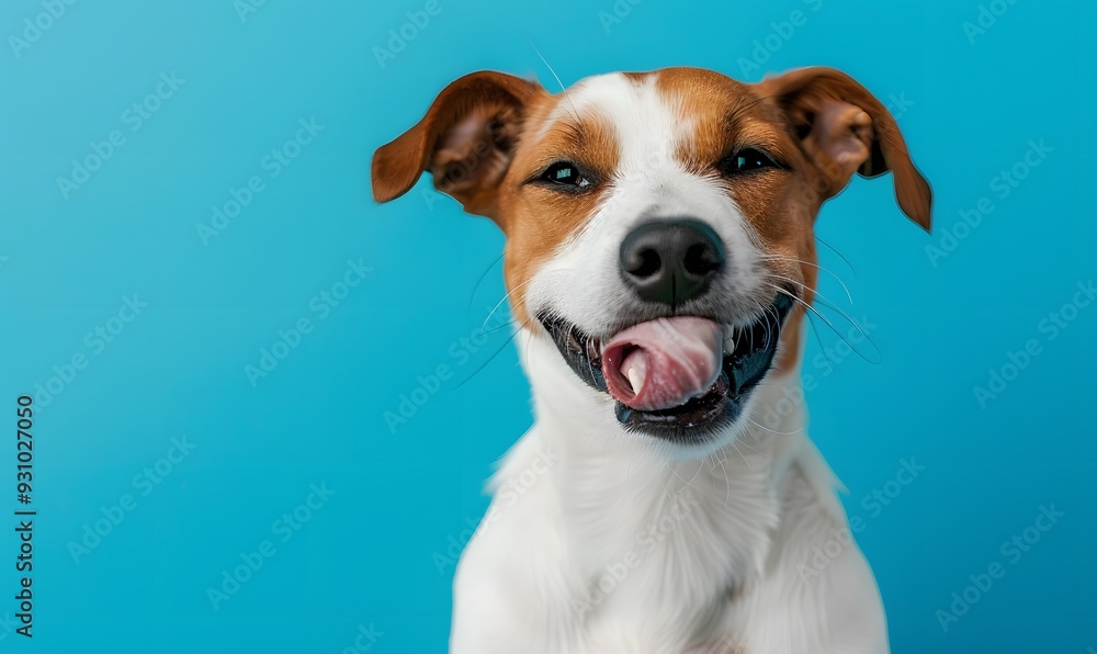 Happy dog puppy winking an eye and smiling on colored blue backgorund with closed eyes. Happy dog puppy winking an eye and smiling on colored blue backgorund with closed eyes.