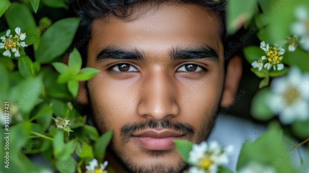 A portrait of a young Indian male model, set against a backdrop of green flowers. Confident Indian face with striking features amidst vibrant foliage. A portrait of a young Indian male model, set against a backdrop of green flowers. Confident Indian face with striking features amidst vibrant foliage.