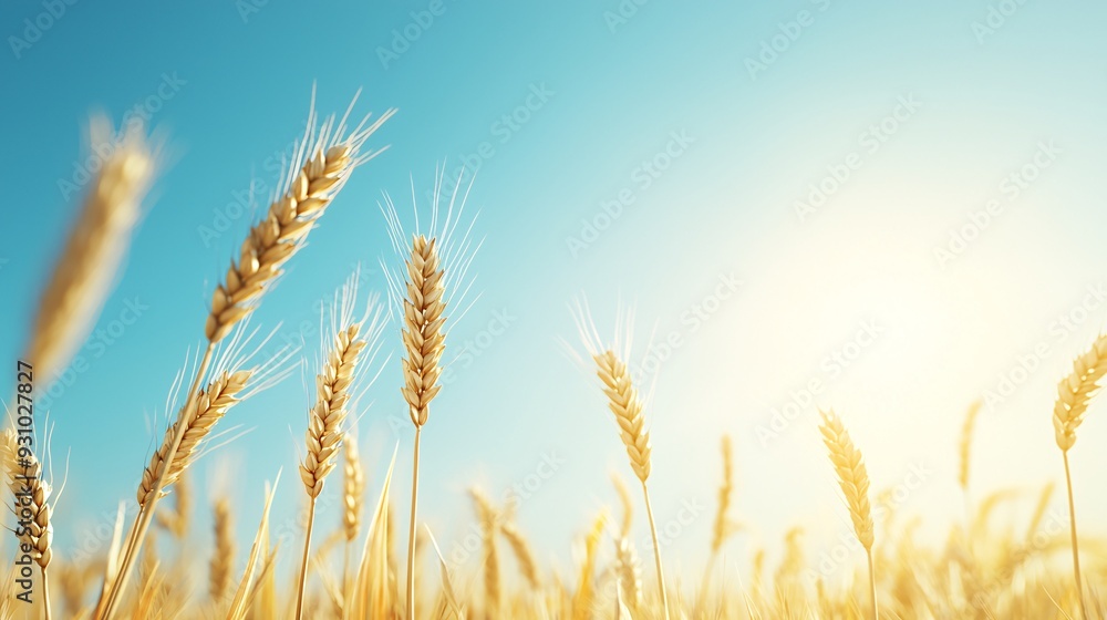 Fototapeta premium Organic wheat field, golden ears swaying in wind, 3D illustration