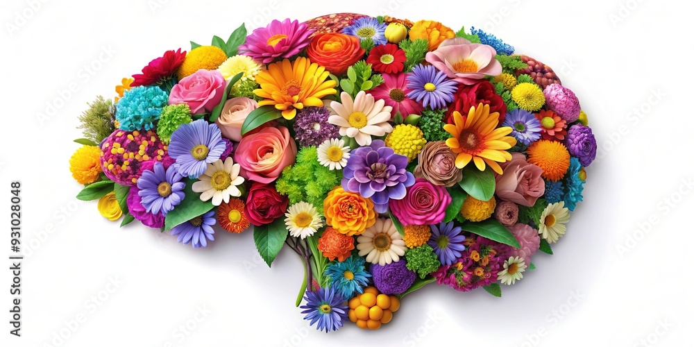 Colorful spring flowers in a human brain symbolizing mental health, positive attitude, recovery Colorful spring flowers in a human brain symbolizing mental health, positive attitude, recovery