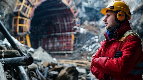 tunneller worker in underground subway construction site photo