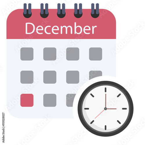 Flat icon of calendar with clock isolated on white background.