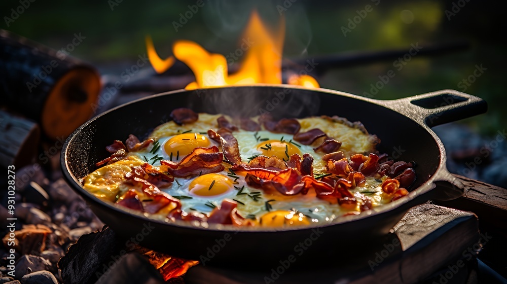 A delicious breakfast of eggs and bacon cooked over an open fire in a cast iron skillet. A delicious breakfast of eggs and bacon cooked over an open fire in a cast iron skillet.