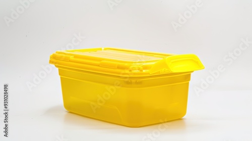 Yellow Plastic Container on White Background: A Clear and Detailed View of a Vibrant Yellow Plastic Container Featuring a Practical Design. The Container is Positioned on a Clean White Background,