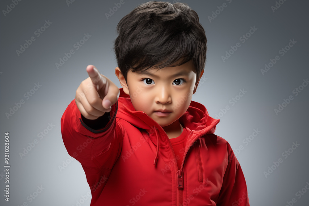 young Asian kid wearing a red outfit is pointing at the camera, isolated on a isolated background young Asian kid wearing a red outfit is pointing at the camera, isolated on a isolated background