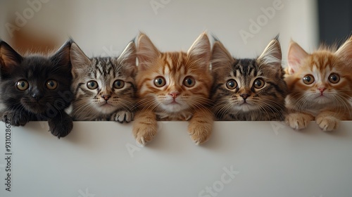 Wallpaper Mural Five adorable kittens, black, tabby, and orange, with big eyes, peeking over a white surface, looking at the camera. Torontodigital.ca