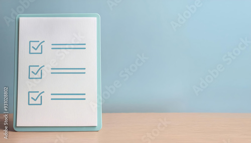 A clean clipboard with a checklist on a wooden table against a light blue background, ideal for organization and planning themes.