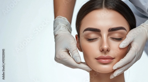 Young woman preparing for plastic surgery session, doctor in medical gloves contouring female patient face, isolated on white background photo