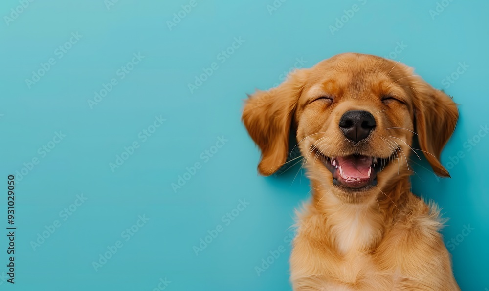 Obraz premium Happy dog puppy winking an eye and smiling on colored blue backgorund with closed eyes. 