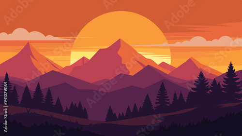 A tranquil summer sunset over a mountain silhouette	vector art illustration