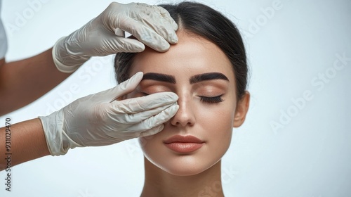 Young woman preparing for plastic surgery session, doctor in medical gloves contouring female patient face, isolated on white background photo