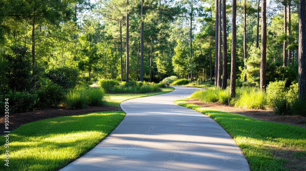 Fototapeta premium Winding pathway through lush greenery. Perfect for showcasing nature, tranquility, and outdoor recreation.