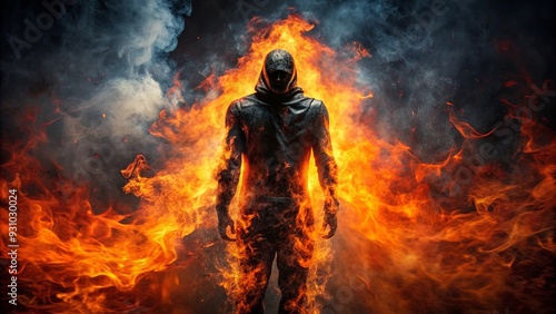 Dark, fiery figure surrounded by flames on a smoky background, dark, fiery, figure, flames, smoky, background, inferno, heat