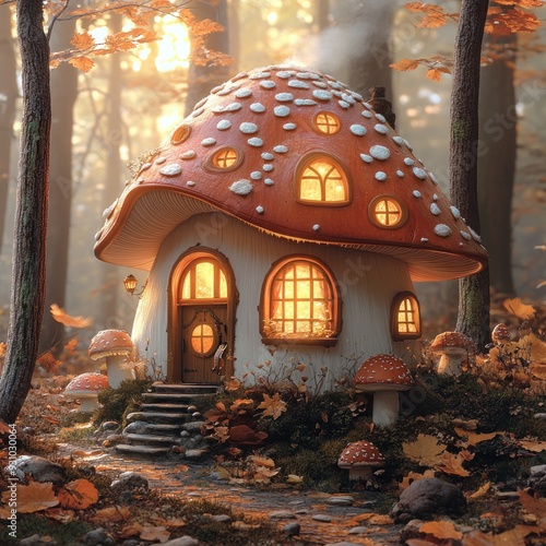 Fantasy Mushroom House Illustration - Cozy Autumn Forest Home photo