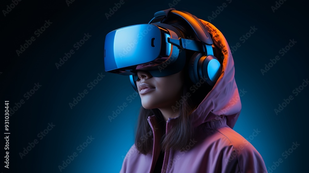 A young woman wearing a VR headset and headphones, with neon lighting, looking to the side. A young woman wearing a VR headset and headphones, with neon lighting, looking to the side.