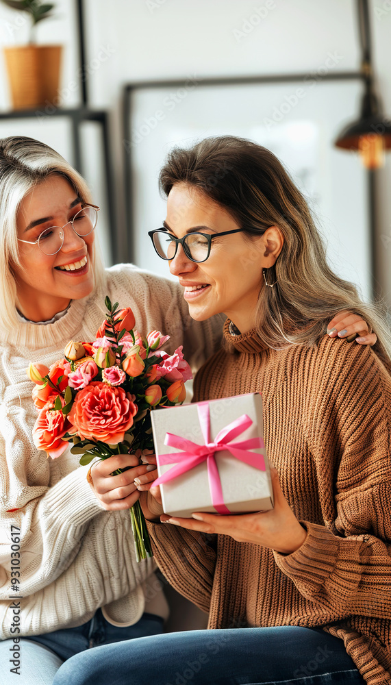 Two Women Celebrating with Flowers and a Gift Two Women Celebrating with Flowers and a Gift