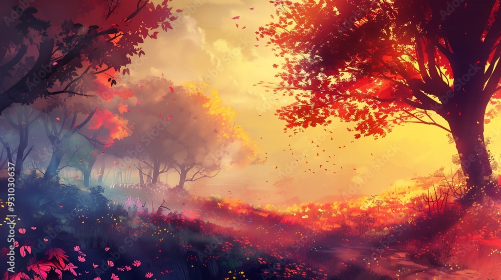 Sunset in a Forest with Fallen Leaves and a Path Sunset in a Forest with Fallen Leaves and a Path