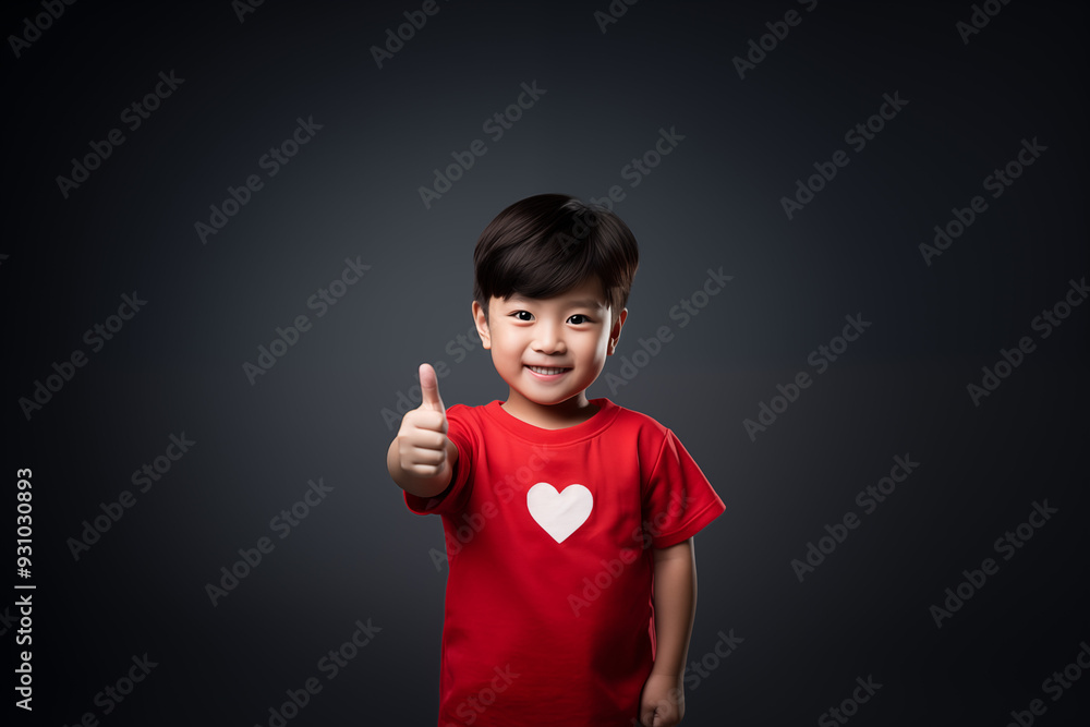young Asian kid wearing a red outfit is doing a thumb up, isolated on a isolated background young Asian kid wearing a red outfit is doing a thumb up, isolated on a isolated background