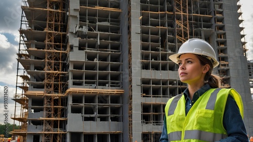 Female workers are looking at construction site. photo