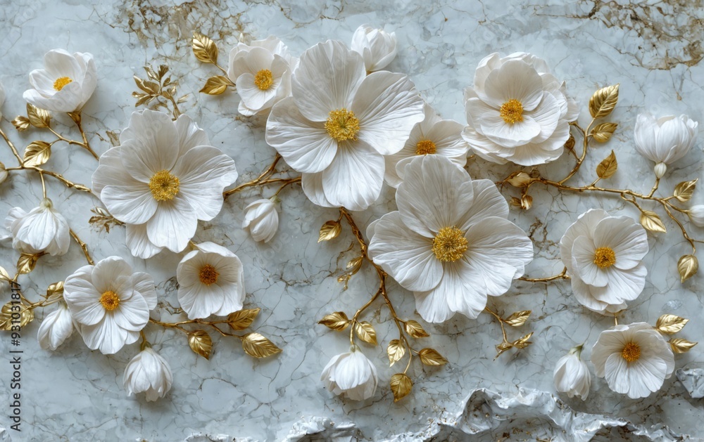 Obraz premium Close-up group white flowers marble surface are arranged white e