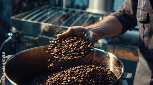 Man hands holding freshly roasted aromatic coffee