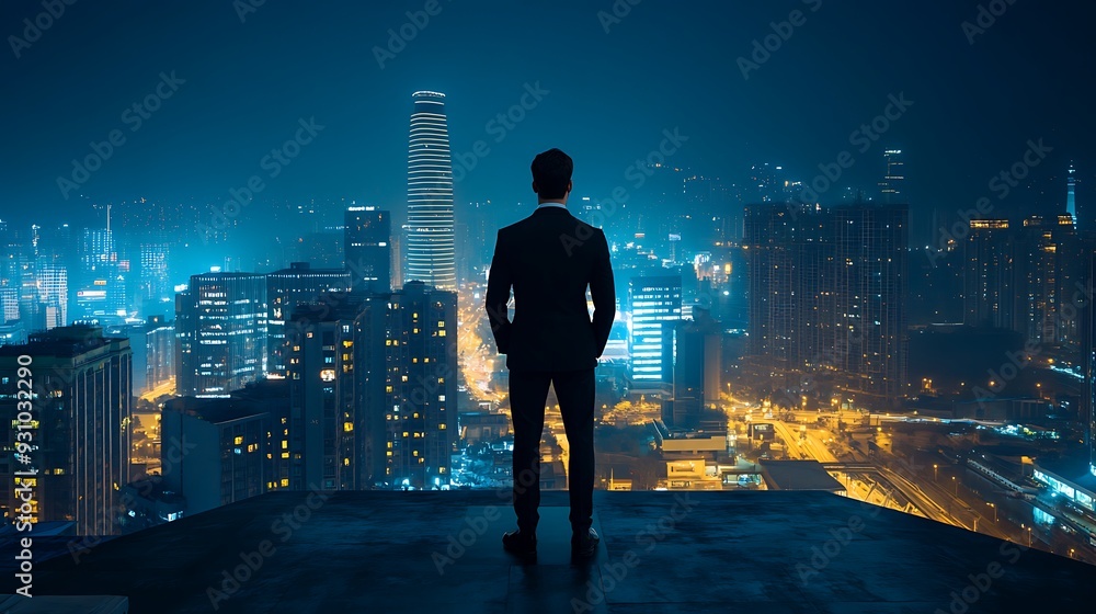 Businessman Gazing at the Night Skyline Businessman Gazing at the Night Skyline