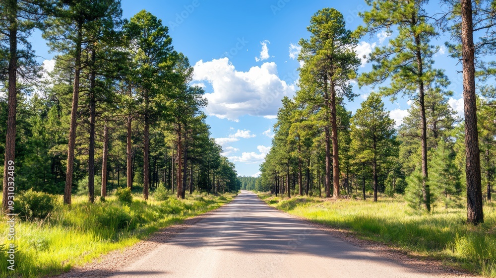 Fototapeta premium A scenic road surrounded by tall trees under a clear blue sky, perfect for outdoor adventures or nature-themed projects.