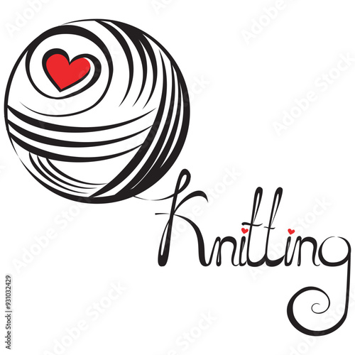 Knitting. Yarn ball with needles isolated on White background. Flat outline logo mark of skein string. Symbol of woolen cotton knit thread use for tailoring or sewing of cloth. Vector illustration