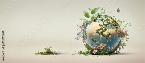 Digital illustration globe surrounded by various plants flowers