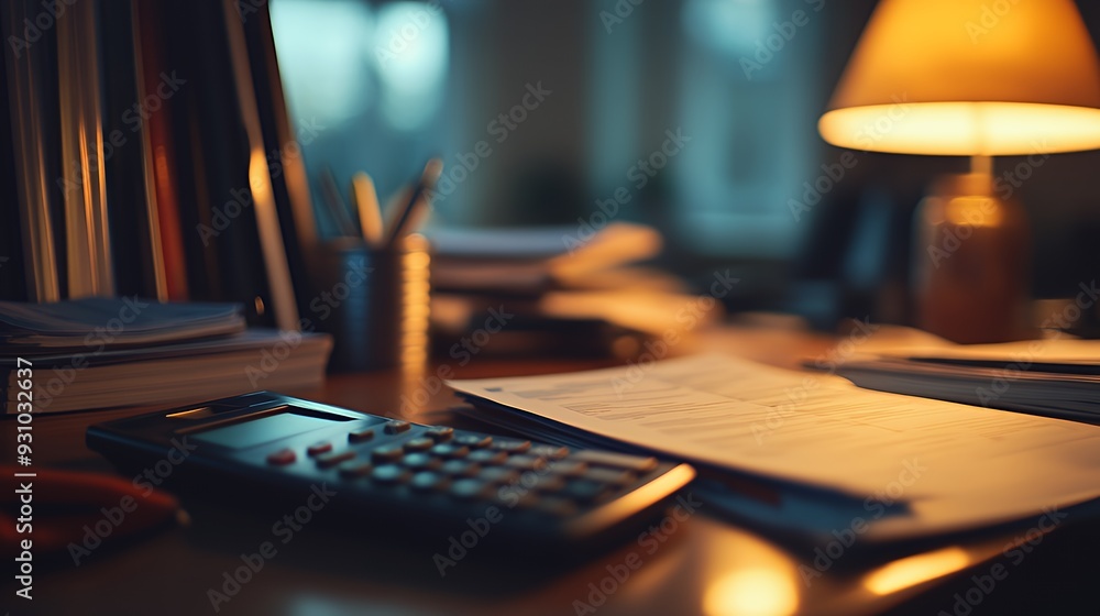 A calculator, papers, and pencils sit on a desk in a dimly lit room, implying a late night of studying or working. A calculator, papers, and pencils sit on a desk in a dimly lit room, implying a late night of studying or working.