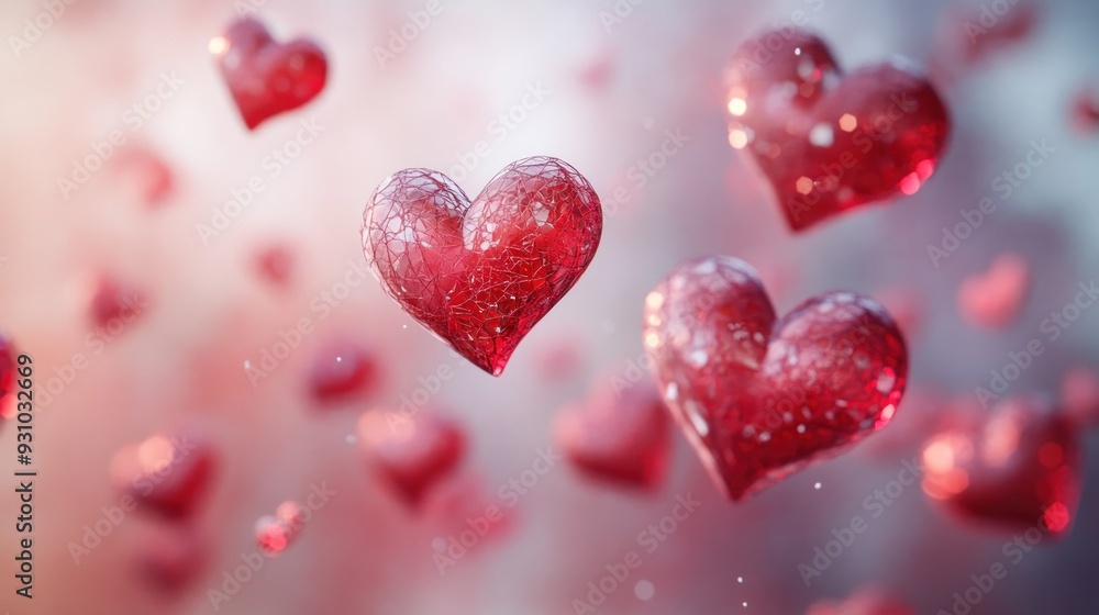 A beautiful and romantic scene with delicate hearts floating in various shades of red. The surreal and enchanting composition evokes a sense of love and deep emotion. A beautiful and romantic scene with delicate hearts floating in various shades of red. The surreal and enchanting composition evokes a sense of love and deep emotion.