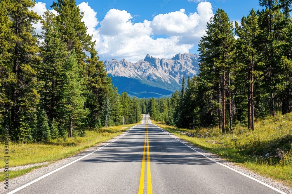 Fototapeta premium A scenic road through a lush forest, leading towards majestic mountains under a bright blue sky with fluffy clouds.