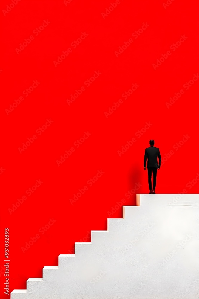 Minimalist Figure Climbing Stairs in Striking Red and White Composition Minimalist Figure Climbing Stairs in Striking Red and White Composition