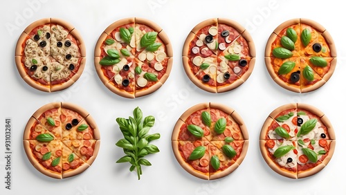 Set of Colorful Array of Delicious Pizzas on white background. Italy food