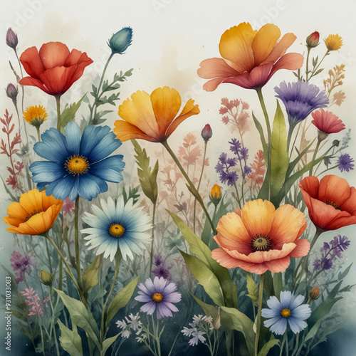 An illustration bursting with the charm of wildflowers. The scene features a vibrant and diverse array of wildflowers in full bloom, set against a soft, natural background.