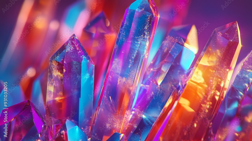 3D rendering of colorful prisms reflecting rainbow light, light rays, and glittering glass shards in the background. 3D rendering of colorful prisms reflecting rainbow light, light rays, and glittering glass shards in the background.
