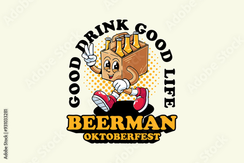 a box of beer bottles retro cartoon funny character vector illustration with walking pose and showing peace hands for brewery, food and beverage mascots and sticker and apparel design elements