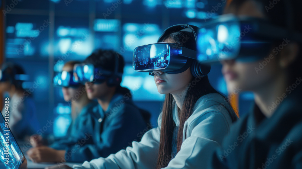 College students wear VR headsets in the AI and intelligent technology innovation classroom College students wear VR headsets in the AI and intelligent technology innovation classroom