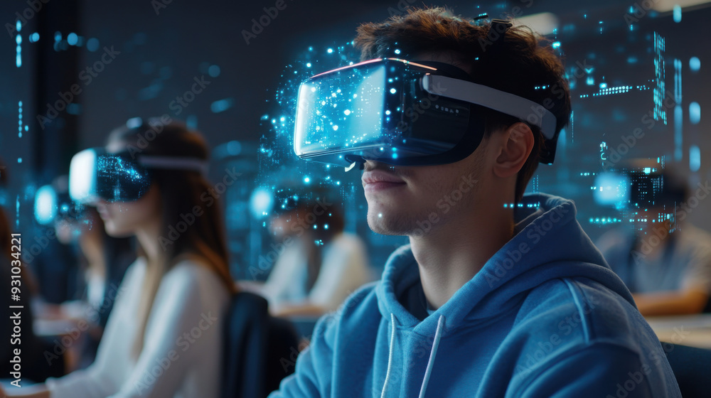 College students wear VR headsets in the AI and intelligent technology innovation classroom College students wear VR headsets in the AI and intelligent technology innovation classroom