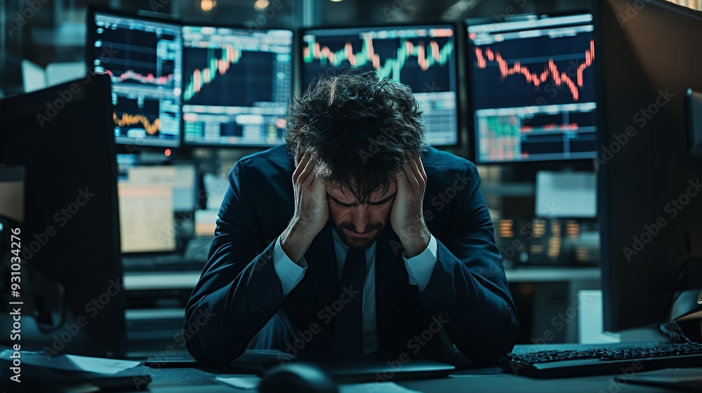 Stressed businessman in suit sitting at a desk in front of multiple monitors with stock market data displayed, holding his head in his hands. Stressed businessman in suit sitting at a desk in front of multiple monitors with stock market data displayed, holding his head in his hands.