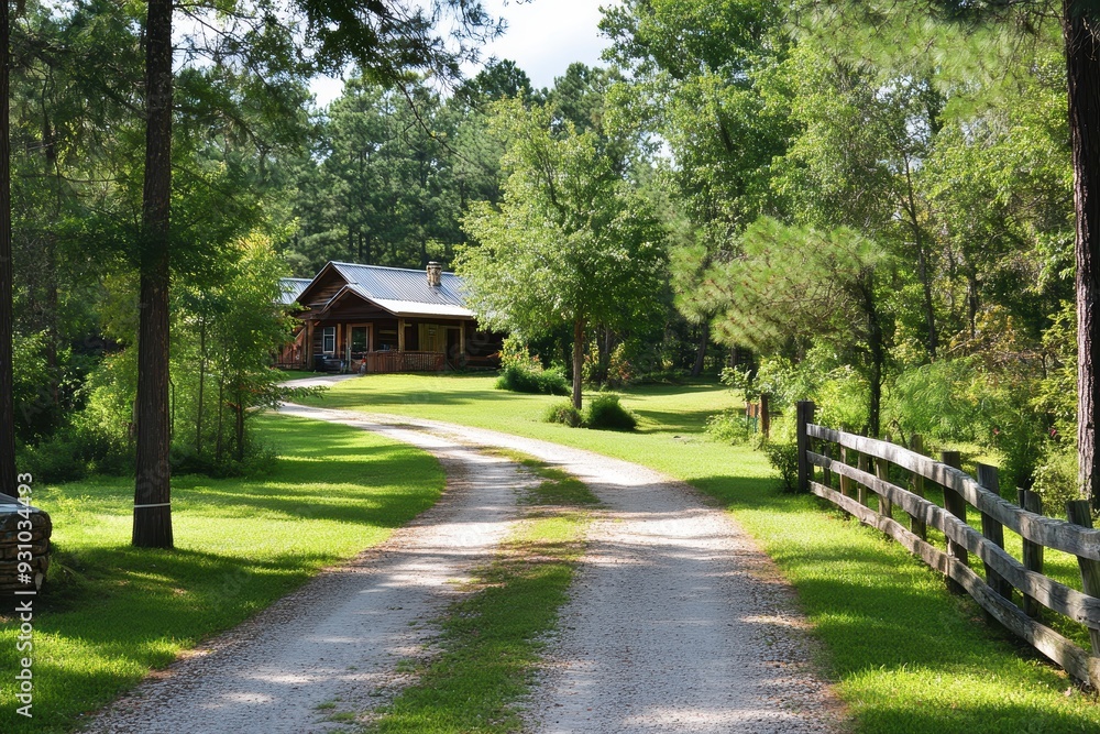 custom made wallpaper toronto digitalA serene country road leading to a charming log cabin surrounded by lush greenery and tall trees, perfect for a peaceful retreat.