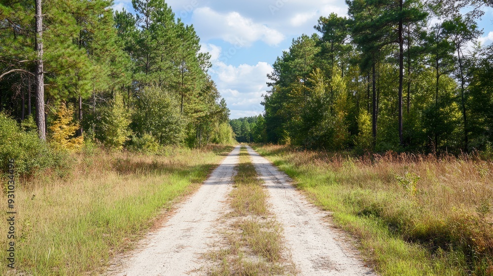 A serene dirt path stretches through a lush green forest under a bright blue sky, inviting exploration and adventure. A serene dirt path stretches through a lush green forest under a bright blue sky, inviting exploration and adventure.