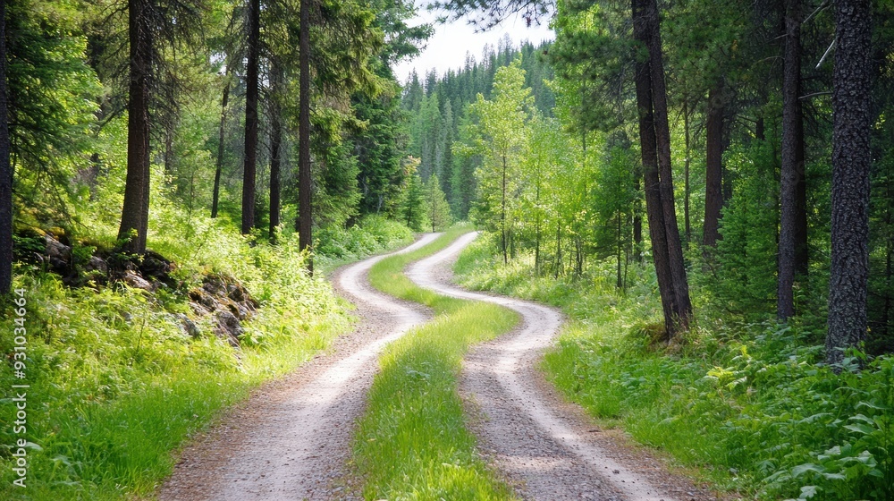 A serene dirt road winding through a lush green forest, inviting exploration and adventure in nature's beauty. A serene dirt road winding through a lush green forest, inviting exploration and adventure in nature's beauty.