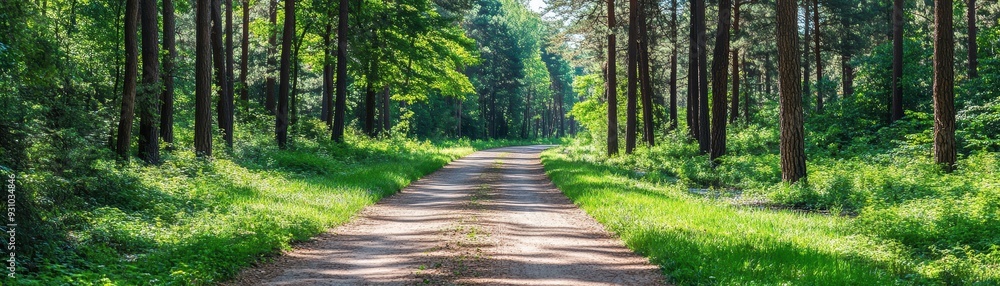 A serene dirt road winds through a lush forest, inviting exploration and tranquility amidst the vibrant greenery and towering trees. A serene dirt road winds through a lush forest, inviting exploration and tranquility amidst the vibrant greenery and towering trees.