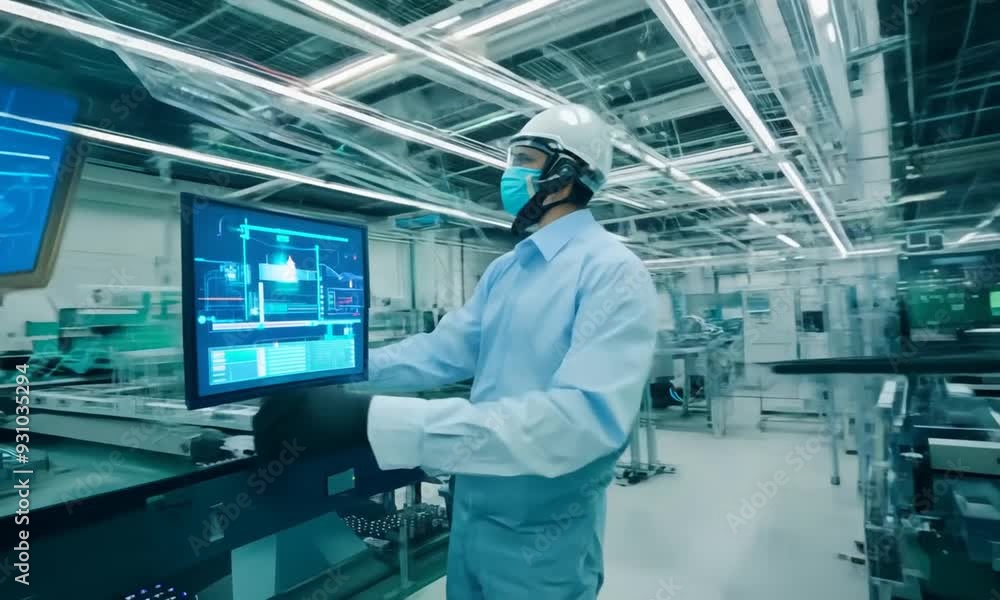 a wide shot of a modern factory floor, then zoom in to focus on advanced machinery and robotics in action a wide shot of a modern factory floor, then zoom in to focus on advanced machinery and robotics in action