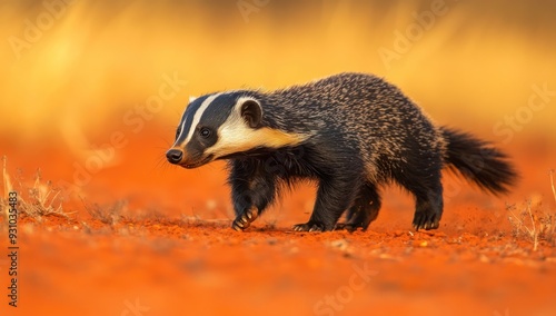 Honey badger walking on the red earth of Africa photo