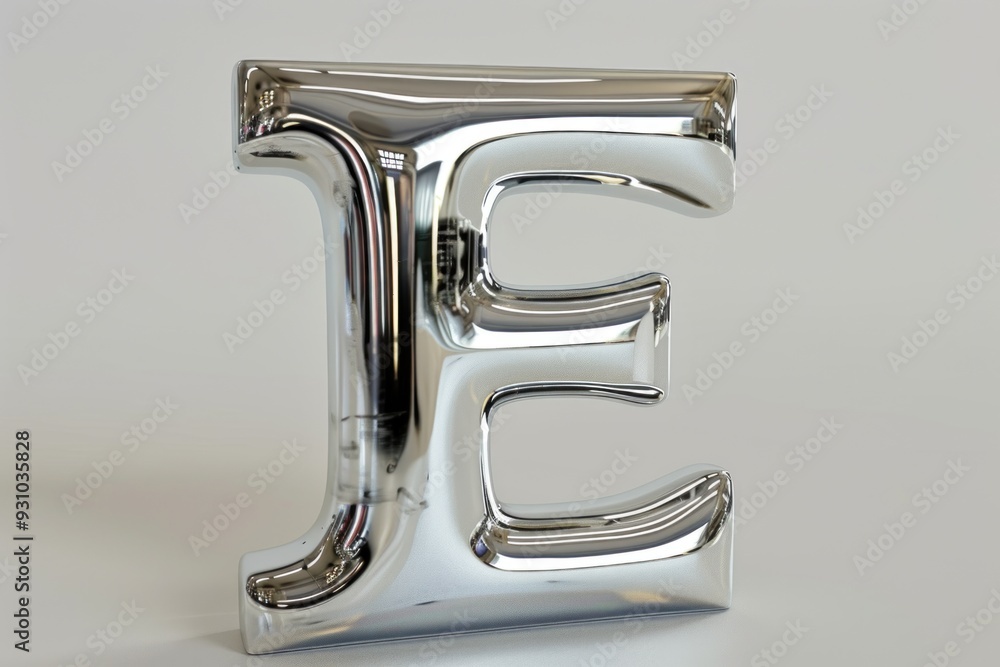 Glossy 3D letter E in reflective silver on a light grey background. Alphabet concept for design and print. Glossy 3D letter E in reflective silver on a light grey background. Alphabet concept for design and print.