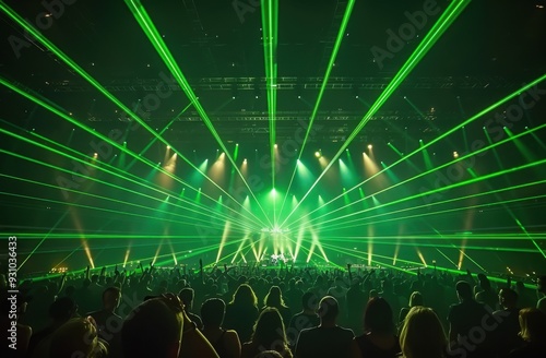 Concert with green laser lights and crowd