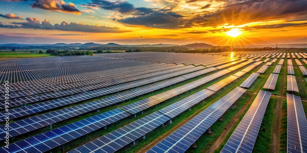 Expansive solar farm at sunset with rows of photovoltaic panels, solar farm Expansive solar farm at sunset with rows of photovoltaic panels, solar farm